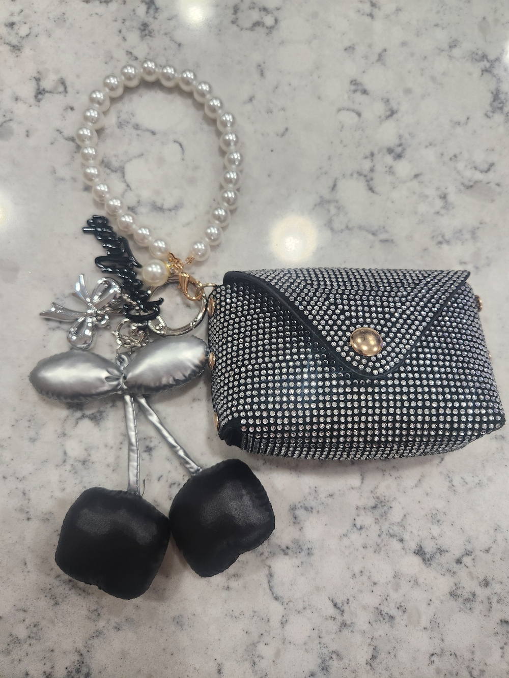 Crystal Black Mini Bag with Pearl Keychain